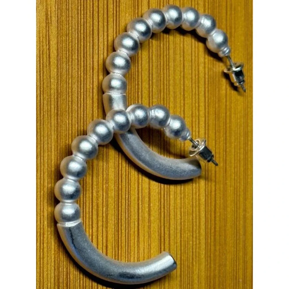 Sarah & Co Silver Tone Textured Bead Half Hoop Earrings Boho Statement Style New